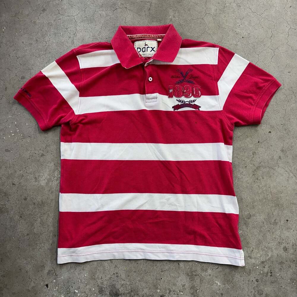 Parx Authentic Casuals Red and White Striped Polo Shirt with 1896 Graphic